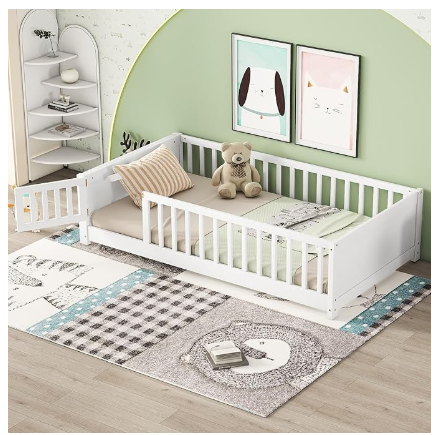 Full Size Floor Bed for Kids with Safety Guardrails, Solid Wood with Removable Door-White. ( 1 Box)
