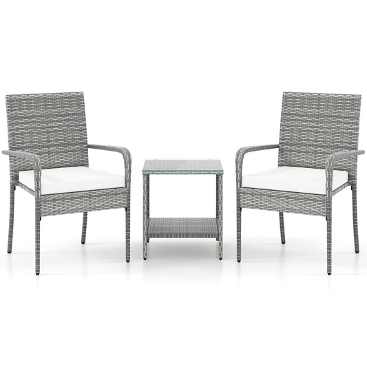 3 Piece Patio Furniture Set with Seat Cushions and Glass Tabletop, Grey Wicker,White Cushions - Assembled