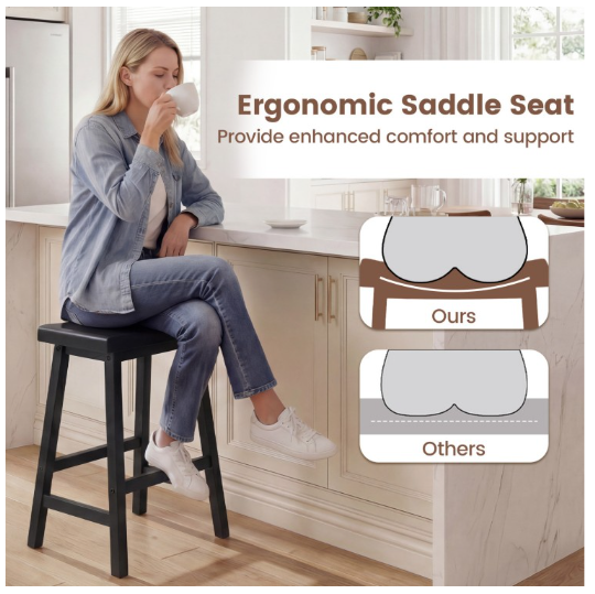 24 Inch Counter Height Stools Solid Wood Saddle Bar Stools Set of 2-Black