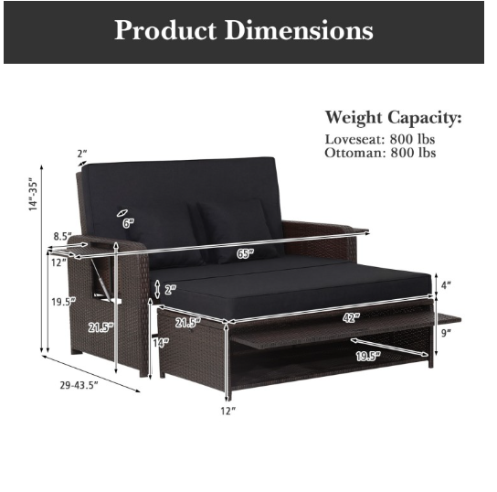 Patio Rattan Daybed with 4-Level Adjustable Backrest and Retractable Side Tray-Black (Assembled)