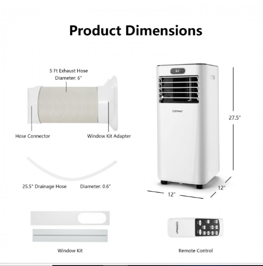 8000 BTU(Ashrae) 3-in-1 Portable Air Conditioner with Remote Control (1 Box)