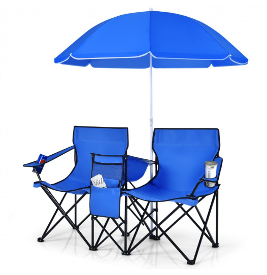 Portable Folding Picnic Double Chair With Removable Umbrella-Navy