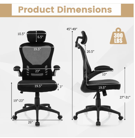 Ergonomic Mesh Office Chair, Home Office Desk Chair with Adjustable Headrest and Lumbar Support