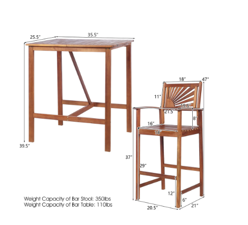 3PCS Bar Set Acacia Wood Bar Height Patio Bistro Dining Set Outdoor [Scratch and Dent] (Assembled)