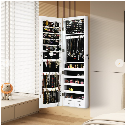 Lockable Wall Mount Mirrored Jewelry Cabinet with LED Lights-White
