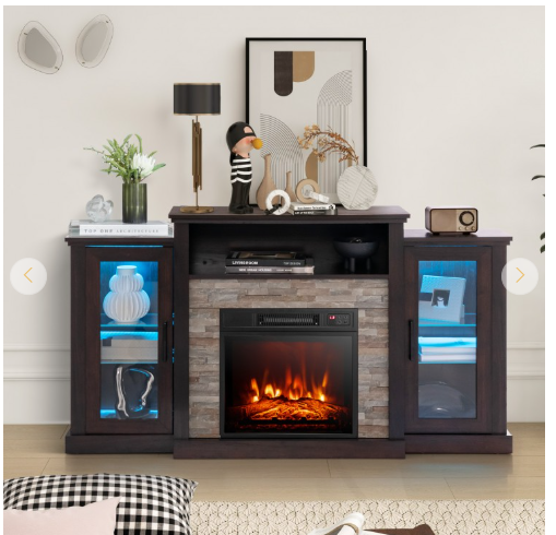 Fireplace TV Stand, TV Console with Fireplace Insert with remote, LED Lights with remote & Adjustable Glass Shelves, App Control, Fully Assembled
