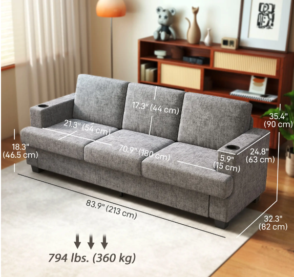 3 Seater Sofa with USB Ports & Cup Holders, Chenille-Feel Upholstered Couch for Living Room, Grey