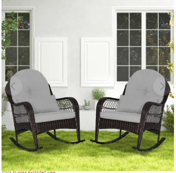 Patio Rattan Rocking Chair with Seat Back Cushions and Waist Pillow-Grey