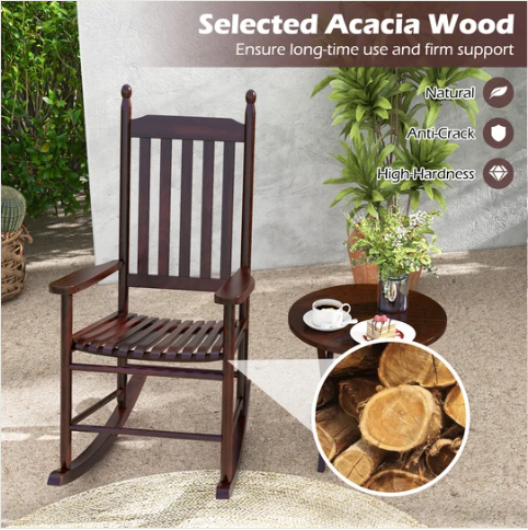 High-Back Acacia Wood Outdoor Rocking Chair with Solid Rocking Base-Brown (Assembled)