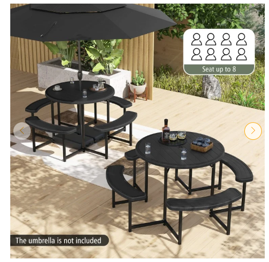 Round Picnic Table Bench Set with 4 Benches and Umbrella Hole for Patio Lawn (Assembled)