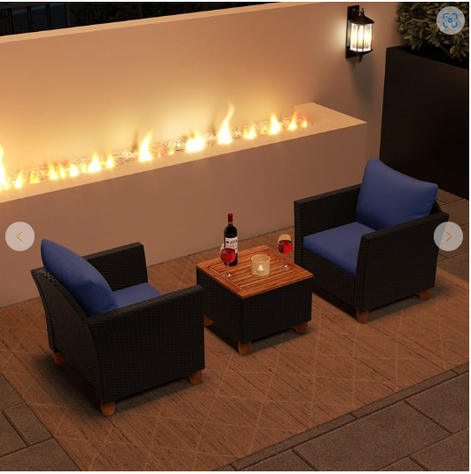 3PCS Patio Rattan Furniture Set Cushioned Conversation Set Coffee Table Navy (Fully Assembled)