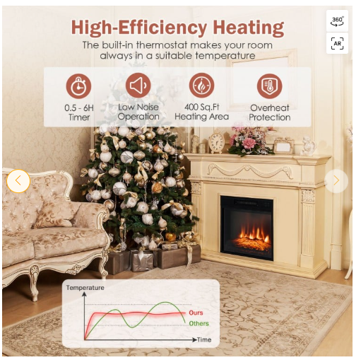 23" Electric Fireplace Insert Heater w/ Log Flame Effects Remote Control 1400W