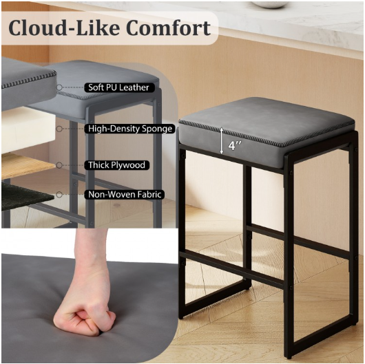 26 inch Bar Stools Set of 2 Counter Height Barstools with Faux Leather Upholstered Seat-Gray