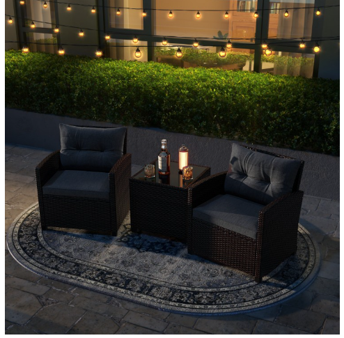 3 Pieces Cushioned Rattan Patio Conversation Set with Coffee Table-Grey (Assembled)