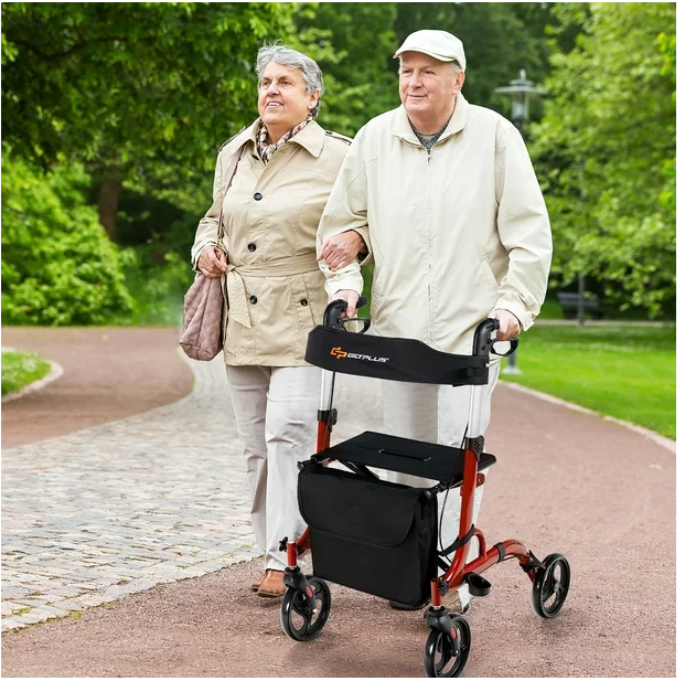 Folding Aluminum Rollator Walker with 8-inch Wheels and Seat - Red