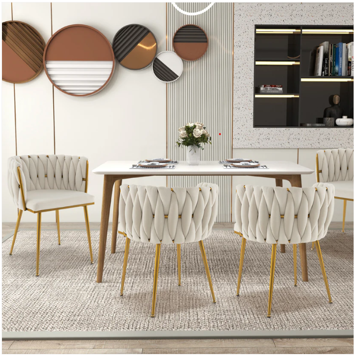 Set of 2 Upholstered Dining Chair w/ Curved Backrest and Metal Tubes-Cream