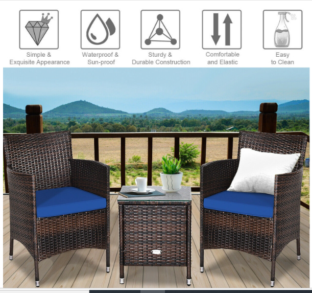 3Pcs Patio Rattan Furniture Set Cushioned Sofa and Glass Tabletop Deck-Navy (Assembled)