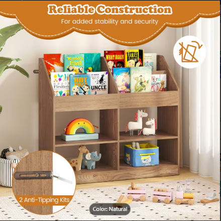 3-Tier Kid's Bookshelf Toy Storage Organizer with Display Rack and 4 Compartments (Assembled)