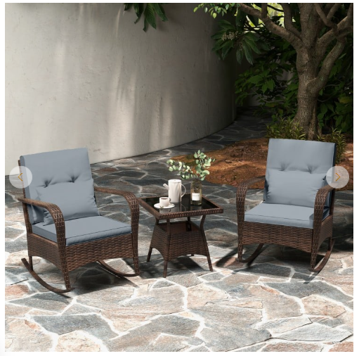 3 Pieces Outdoor Rocking Set with Tempered Glass Coffee Table for Backyard Poolside