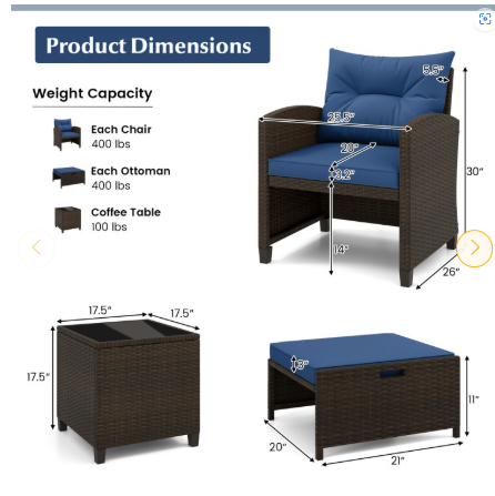 5PCS Outdoor Rattan Conversation Set Wicker Lounge Chairs with 2 Ottoman Stools and Glass Top Side Table-Navy (Assembled)