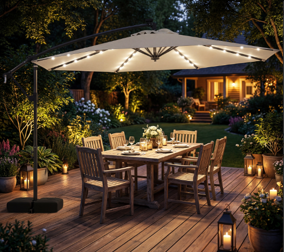 10 Feet Cantilever Umbrella with 32 LED Lights and Solar Panel -Beige (Customer Return)