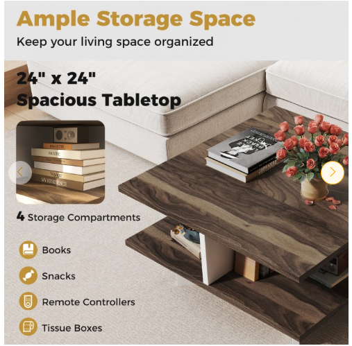 2-Tier Square Coffee Table with 4 Storage Compartments-Walnut (Fully Assembled)