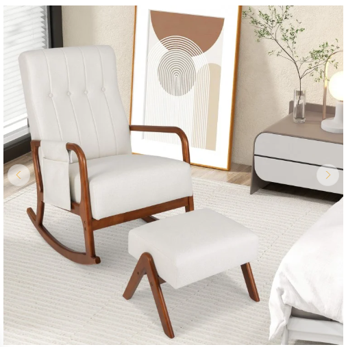Rocking Chair with Ottoman and Padded Cushion, White (Fully Assembled)