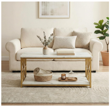 43" 2-Tier Coffee Table with Storage, White+Gold