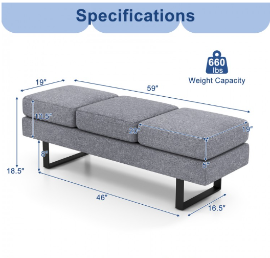 Waiting Room Bench Seating Long Bench with Metal Frame Leg-Gray