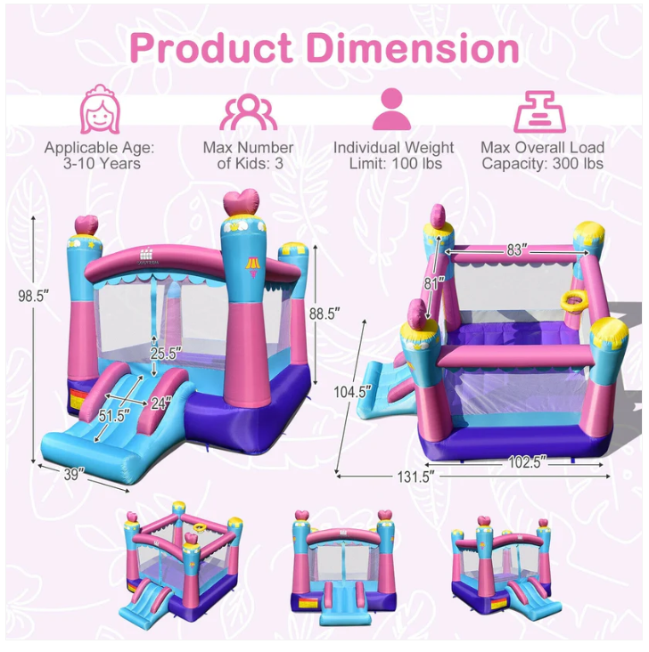 3-in-1 Princess Theme Inflatable Castle -  Blower not included, sold separately