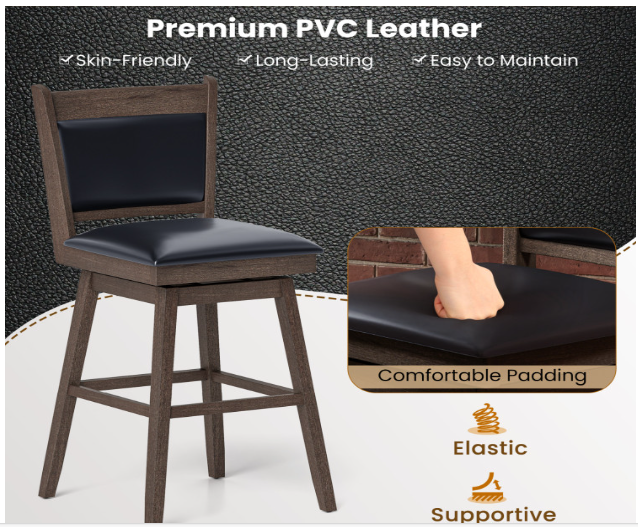 Set of 2 - 29 Inch Padded Bar Stools with Swivel Seat and Footrest - Fully Assembled