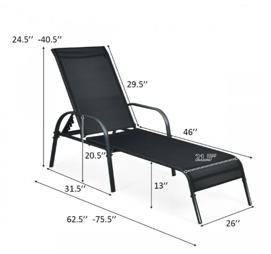 2 Pieces Outdoor Patio Lounge Chair Chaise Fabric with Adjustable Reclining Armrest-Black