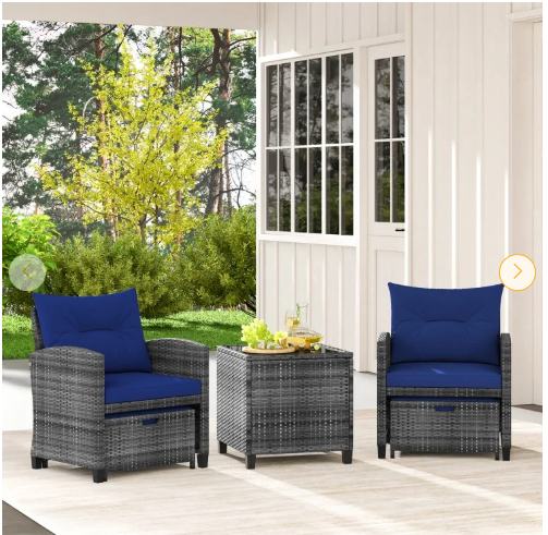 5 Pieces Patio Rattan Sofa Ottoman Furniture Set with Cushions-Navy (Fully Assembled)