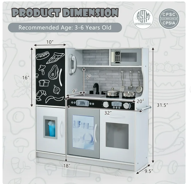 Kid's Pretend Play Kitchen Toddler Kitchen Playset with Blackboard White, (Fully Assembled)