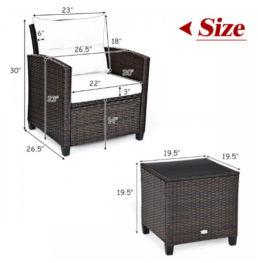 3 Pieces Rattan Patio Conversation Set with Coffee Table-White, Fully Assembled