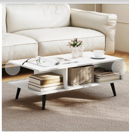 Mid Century Modern Rectangle Coffee Table 2-Tier Accent Table with 2 Open Compartments-White (Scratch and Dent)