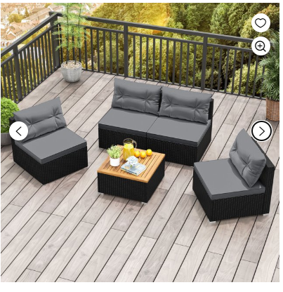 5 Pieces Outdoor Patio Furniture Set Sectional Rattan Sofa and Acacia Wood Coffee Table (Fully Assembled)-Gray