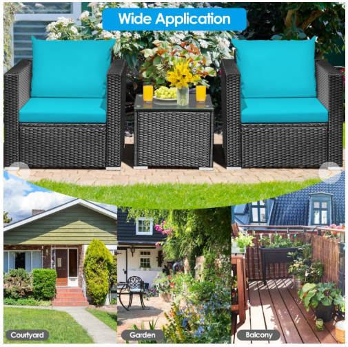 3 Pieces Cushioned Rattan Patio Set with Coffee Table-Turquoise, Fully Assembled