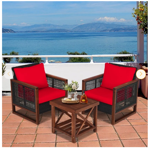 3 Pieces Acacia Wood Patio Furniture Set with Coffee Table-RED  (See Description)