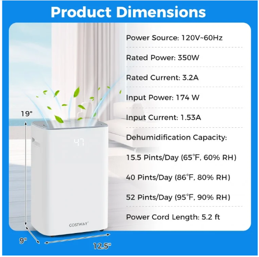 52 Pint Dehumidifier with Auto Drain or Manual Drainage for Home Basement
