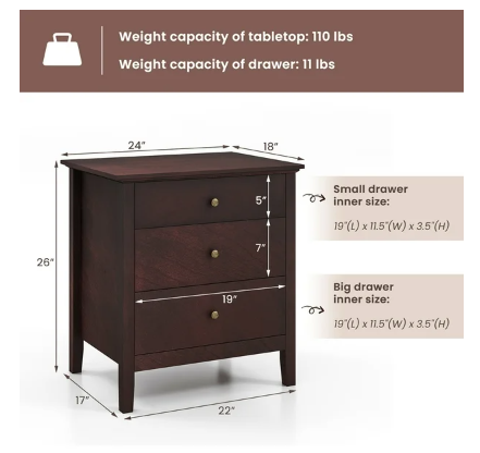 3-Drawer End Table Nightstand Beside Accent Table Brown Bedroom (Fully Assembled)