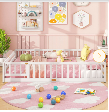 SPECIAL - Queen Size Montessori Floor Bed Frame with Full Length Safety Guardrails-White