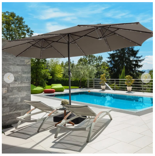 15 Feet Double-Sided Patio Umbrella with 48 LED Lights and Base, Tan