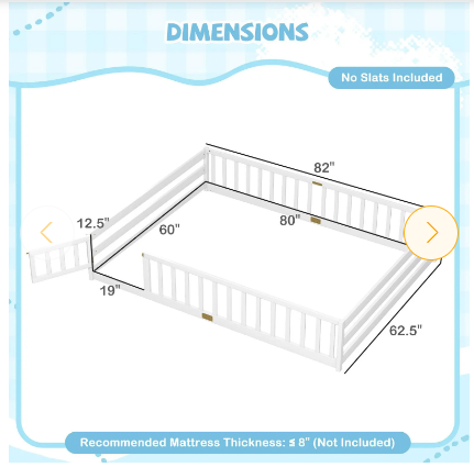 SPECIAL - Queen Size Montessori Floor Bed Frame with Full Length Safety Guardrails-White