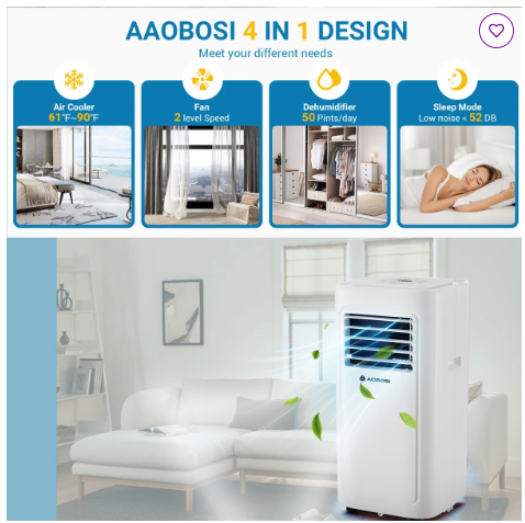 10000 Btu - 4-in-1 Smart Portable Air Conditioner, App Control, Cooling, Fan, Dehumidifier & Sleep Mode–  (Scratch and Dent)