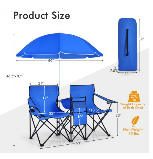 Portable Folding Picnic Double Chair With Removable Umbrella-Navy