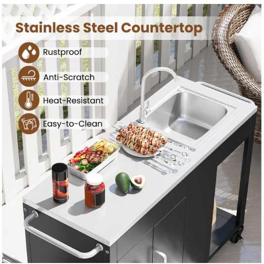 56 Inches Outdoor Grill Table with Sink and Stainless Steel Top-Black (Scratch and Dent)
