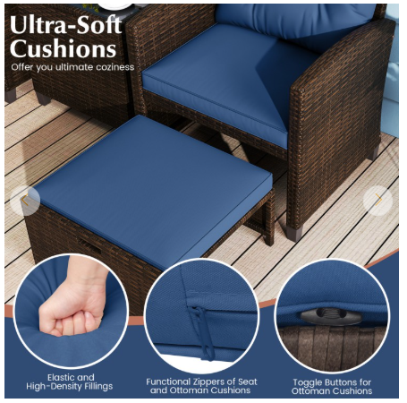 5PCS Outdoor Rattan Conversation Set Wicker Lounge Chairs with 2 Ottoman Stools and Glass Top Side Table-Navy (Assembled)