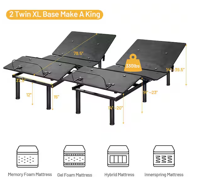 SPECIAL, Tw in. x L Electric Adjustable Hospital Bed Base Remote Control Dual USB - Easy Assembly (Copy)