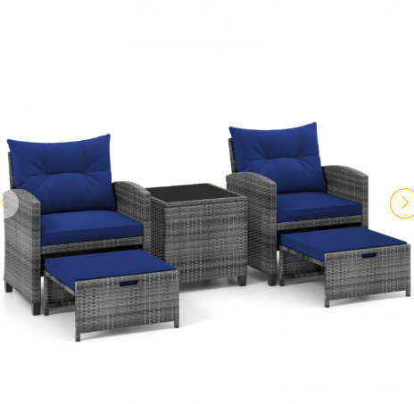 5 Pieces Patio Rattan Sofa Ottoman Furniture Set with Cushions-Navy (Fully Assembled)